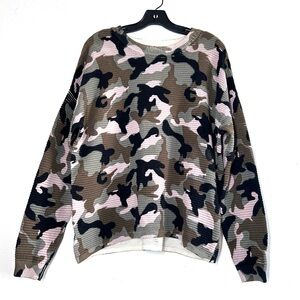 Camo Scoop Neck Ribbed Relaxed Fit Sweater Top